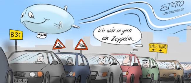 Cartoon-Karikatur-Comic---Eine Reihe von Autos steht im Stau. Über ihnen fliegt ein gelassenes Zeppelin, was einen der Autofahrer schwärmend nach oben blicken lässt.