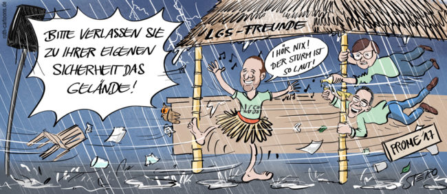 Cartoon-Karikatur-Comic---Ein starkes Unwetter sucht die Landesgartenschau in Überlingen heim. Eine Durchsage befiehlt das Gelände sofort zu räumen, aber einige Besucher hören nichts davon da der Sturm zu laut ist.