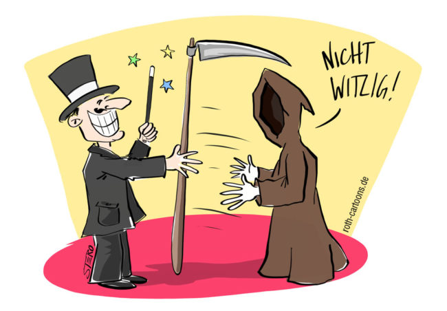 Cartoon-Comic-Karikatur---Der Tod persönlich wird von einem lächelnden Zauberer seiner Sense beraubt und teilt dessen Humor leider nicht.