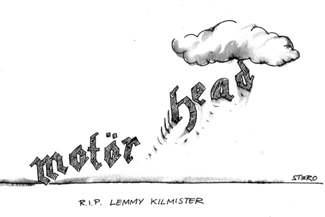 Cartoon-Karikatur-Comic---Die Motör Head schrift verabschiedet sich vom "Head" das zum himmel fliegt. R.I.P. and thanks great hours of Rock ´n´Roll, Lemmy Kilmister