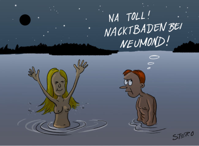 Cartoon-Karikatur-Comic---Ein Pärchen ist in einem See in finsterer Nacht nacktbaden. Der Mann guckt mürrisch und denkt:" Na toll! Nacktbaden bei Neumond!"