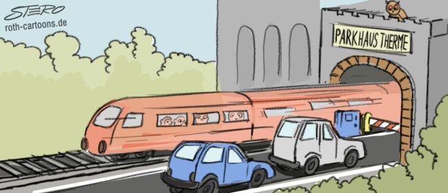 Cartoon-Karikatur-Comic---Aus einem antiken Tunnelthor kommt ein Zug und Autos warten auf ihren einlass.