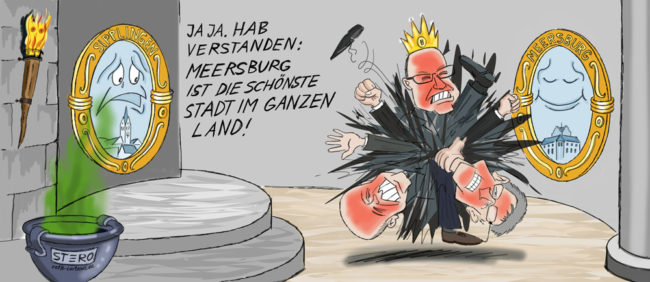 Cartoon-Karikatur-Comic---In einem Burgsaal hängen zwei Zauberspiegel. Der Eine ist glücklich und heißt Meersburg, der andere ist den Tränen nahe und heißt Sipplingen. zwischen ihnen Prügeln sich 3 rotangelaufene Männer. Der traurige Spiegel sagt noch:" Jaja. Hab Verstanden: Meersburg ist die schönste Stadt im ganzen Land!"