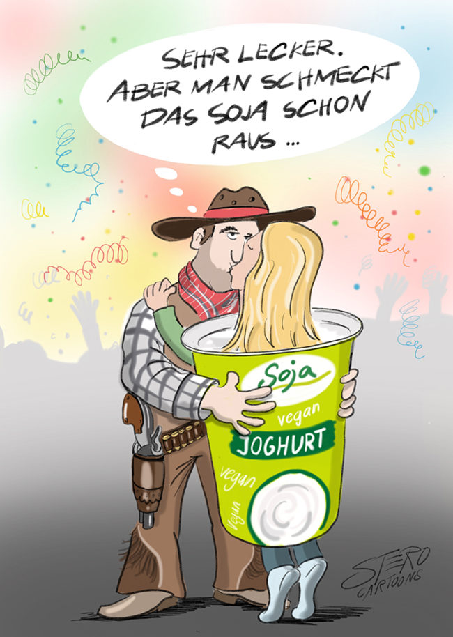 Mann im Cowboykostüm küsst Frau im Sojajoghurt-Kostüm auf einer Fasnachtsparty. Er denkt dabei dass man den Sojageschmack schon rausschmeckt.