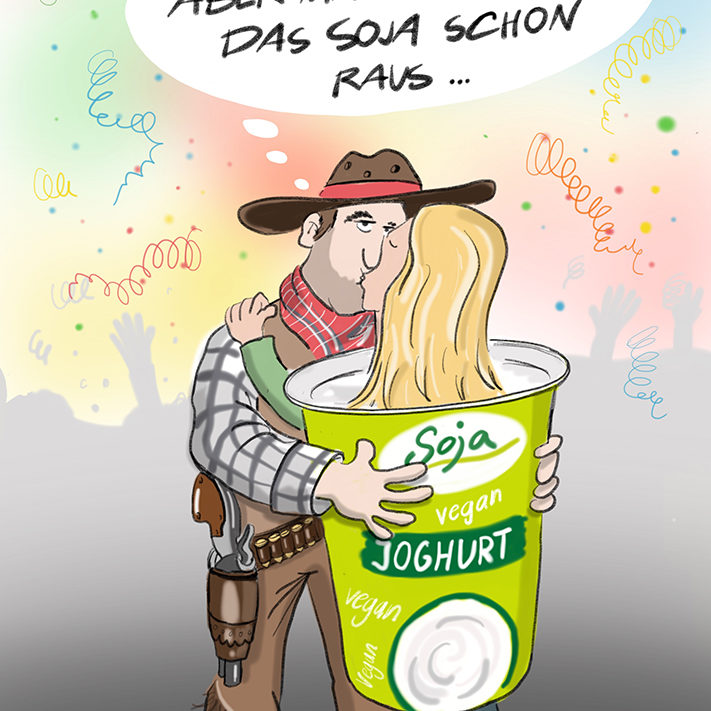 Mann im Cowboykostüm küsst Frau im Sojajoghurt-Kostüm auf einer Fasnachtsparty. Er denkt dabei dass man den Sojageschmack schon rausschmeckt.