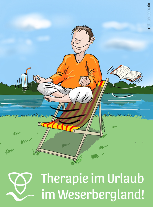 Cartoon-Karikatur-Comic---Ein glücklicher Mann schwebt friedlich im Schneidersitz über seinem Strandstuhl und lässt sein Buch und Drink auch gleich noch mit ihm in die höhe steigen.