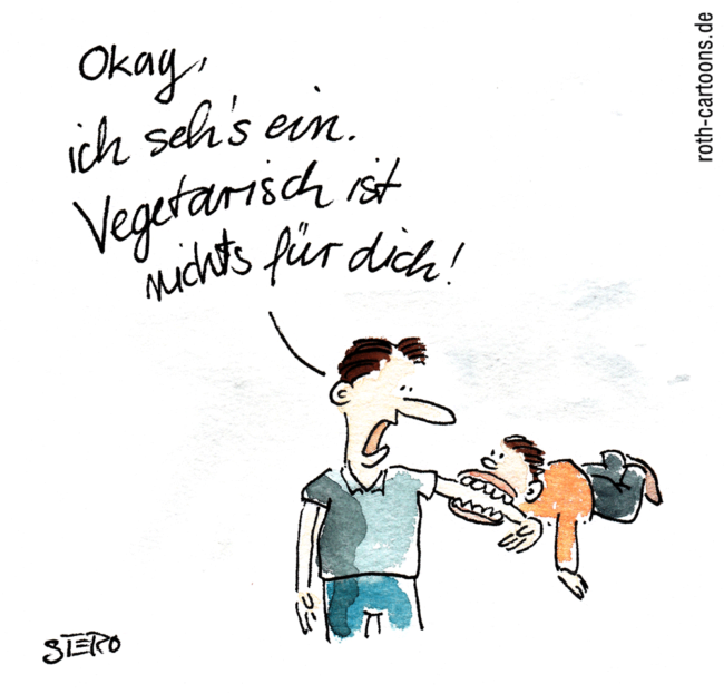 Cartoon-Karikatur-Comic---Ein Vater wird von seinem Sohn in den Arm gebissen und sagt:"Okay, ich sehs ein. Vegetarisch ist nichts für dich!"