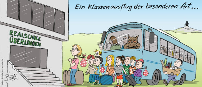 Cartoon-Karikatur-Comic---Eine Schulklasse steigt mit Koffern aus ihrem Reisebus, der Sie direkt zur Realschule Überlingen gefahren hat.