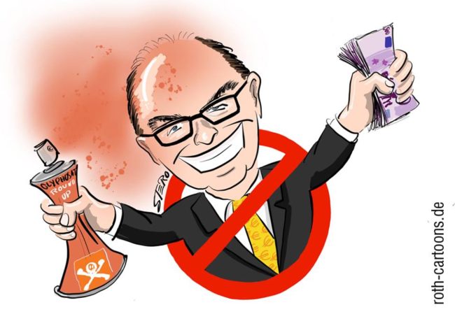 Cartoon-Comic-Karikatur---Christian Schmidt mit einem Bündel Scheine und leer gepressten Dose Glyphosat grinst zufrieden durch ein Verbotsschild.