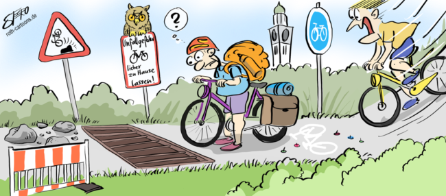 Cartoon-Karikatur-Comic---Ein Radfahrer steht vor einem gefährlichem Bodengitter und Steinen während hinter ihm schon eine zweite Rtadfahrerin von einem Gefälle direkt auf Reißnägel zuraßt. Auf dem Schild hinter ihnen steht:" Unfallgefahr Fahrrad lieber zu Hause lassen."