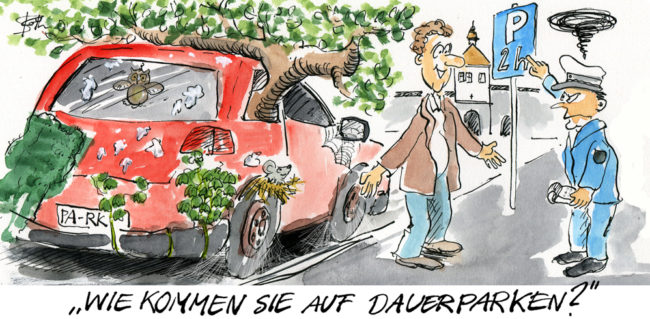 Cartoon-Karikatur-Comic---Ein Polizist ermahnt einen Fahrer eines dauerparkenden Autos während dieser alles abstreitet. Das zugewucherte Auto hinter ihm ist allerdings Beweis genug.