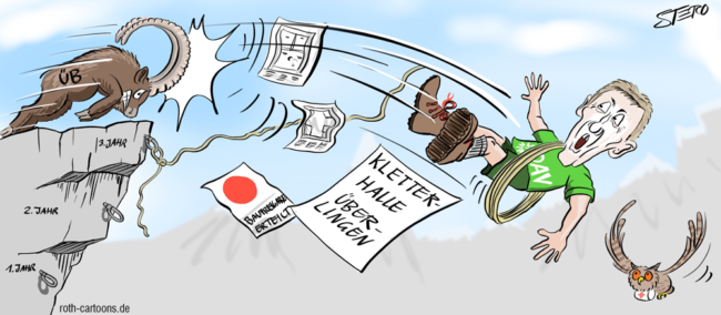 Cartoon-Karikatur-Comic---Ein Kletterer mit DAV Shirt wird von einem Steinbock mit der Aufschrift Überlingen eine Felsekante runtergestoßen. Der Felsen ist beschriftet mit "1. Jahr, 2. Jahr, 3. Jahr" und Der arme Kletterer verliert Dokumente mit Planungen für die Kletterhalle Überlingen.