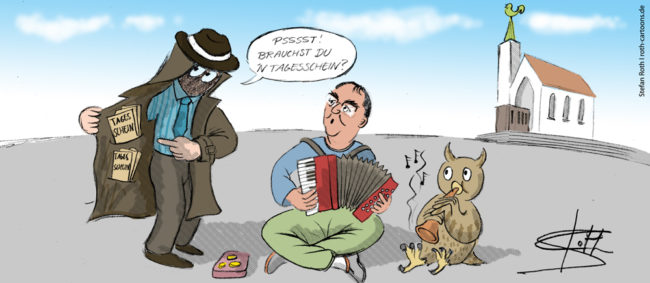 Cartoon-Karikatur-Comic---Eine verdächtige Person will einem Straßenmusiker Tagesscheine aus seinem Mantel verkaufen.