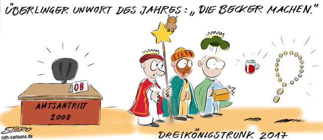 Cartoon-Karikatur-Comic---Die 3 Könige schauen im Büro der OB Becker verdutzt, da sie anscheinend unisichtbar ist.