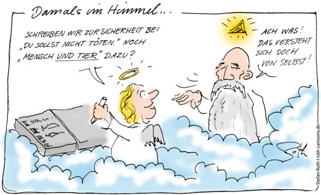 Cartoon-Karikatur-Comic---Ein Engel frägt Gott ob bei dem gebot "Du sollst nicht töten" noch der Zusatz "Mensch und Tier" angehangen werden soll. Dieser geht aber davon aus das das doch selbstverständlich sei.