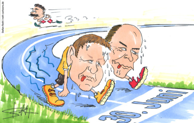 Cartoon-Karikatur-Comic---Oliver Ehret und Bernd Häusler im Endspurt auf der Zielgeraden zur OB-Wahl am 30. Juni.2013.