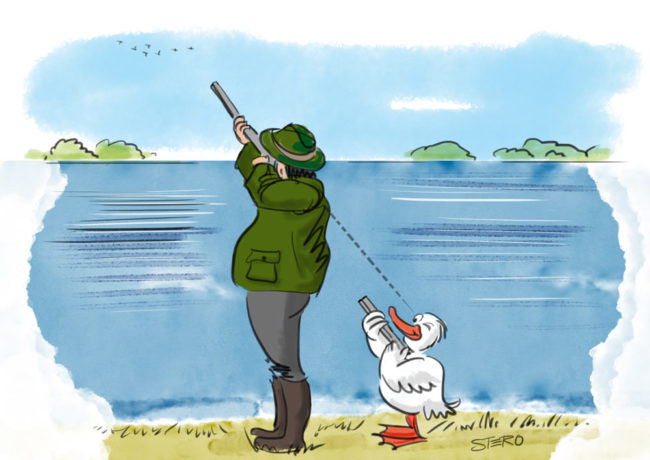 Cartoon-Karikatur-Comic---Ein Jäger zielt auf fliegende Enten während direkt neben ihm eine kleine Ente auf ihn zielt.