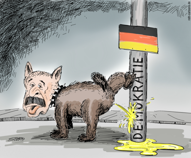 Cartoon-Karikatur-Comic---Ein Hund mit einem Gesicht das stark an Erdogan erinnert pinkelt an eine Straßenlaterne mit einer Deutschland Fahne und der Aufschrift "DEMOKRATIE"