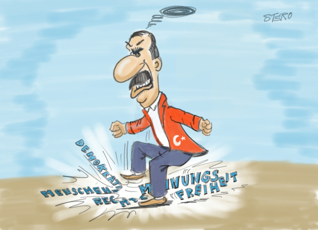 Cartoon-Karikatur-Comic---Erdogan trampelt wütend auf Wörtern wie Demokratie, Meinungsfreiheit und Menschenrechte herum.