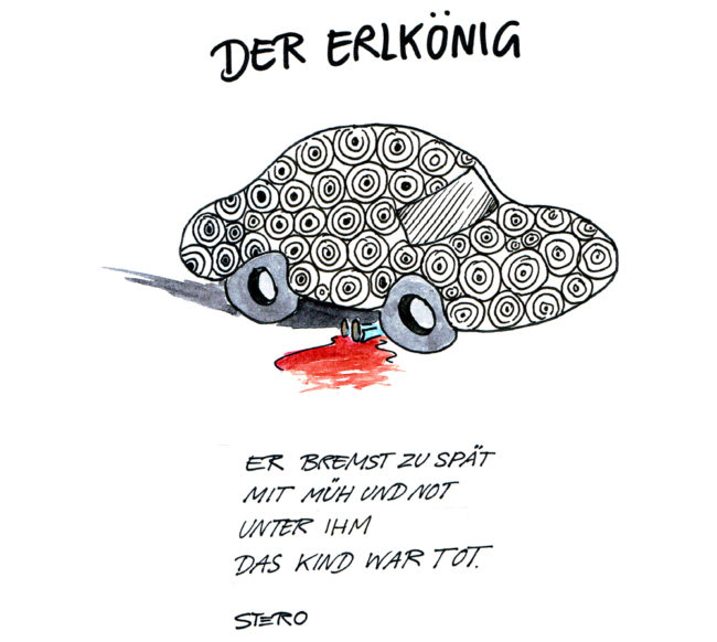 Cartoon-Karikatur-Comic--- Ein Auto steht auf über einem blutenden Kind. Darunter steht eine abgeänderte Version des Erlkönigs von Goethe