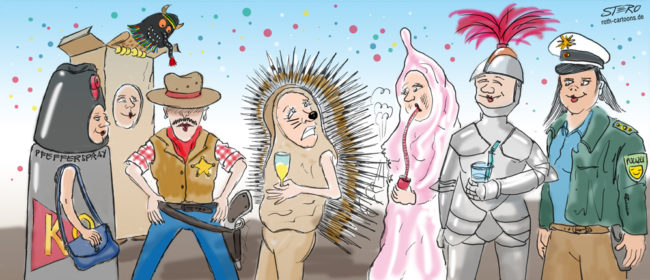 Cartoon-Karikatur-Comic---Fummelsicherer Fummel: Polizist, alte SChachtel, Cowboy, Pfefferspray, Ritter, Kondom, Stachelschwein, Kaktus, Karatekämpfer,... Alles Kostüme auf der Fasnachtsfeier.