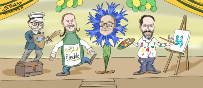 Cartoon-Karikatur-Comic---Die vier Kandidaten stehen in Kostümen auf der Bühne. Andreas Scheuer mit einem Holzschwert und einem Zeppelin Schild. Andreas Theurer ist als Bierflasche verkleidet. Phillip Fuhrmann hingegn als blaue Blume und Dominik Zehle im Maler Outfit mit Stafelei und Leinwand.