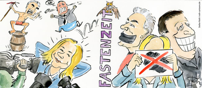 Cartoon-Karikatur-Comic---Links sind Politiker vor der Kamera und am streiten und rechts sieht man Sie brav während der Fastenzeit.