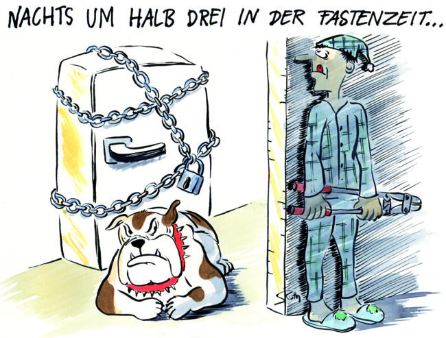 Cartoon-Karikatur-Comic---Ein Mann versucht heimlich nachts sich an seinen festgekettenden und von einem Hund bewachten Kühlschrank zu schleichen.