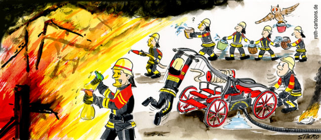 Cartoon-Karikatur-Comic---Die Überlinger Feuerwehr sieht ihre Rettungsarbeit durch ein veraltetes Gerät gefährdet und versucht mit der Wasserpumpe ein großes feuer zu löschen.
