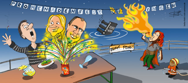 Cartoon-Karikatur-Comic---Aus einem Tischfeuerwerk platzen die Köpfe von politikern und im Hintergrund spuckt ein Feuerspucker fleißig Feuer.