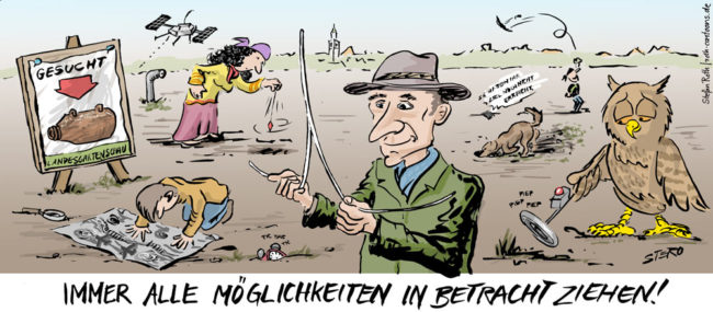 Cartoon-Karikatur-Comic---Mehrere Leute suchen auf einem Acker mit den verschiendensten Methoden nach eine Bombe. Ein Metalldetektor, eine Landkarte, ein Pendel oder ein Satelit kommen dabei zum einsatz.