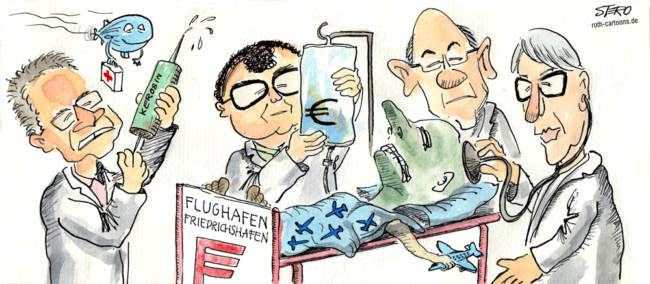 Cartoon-Karikatur-Comic---Der Flughafen Friedrichshafen liegt als kranker Patient auf der Liege und der Doktor kommt schon mit der rettenden Spritze Kerosin.