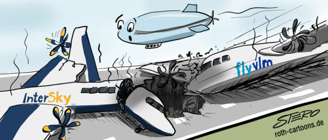 Cartoon-Karikatur-Comic---Auf einer Startbahn liegen zerstörte Flugzeuge der Marke "InterSky" und "flyvlm".