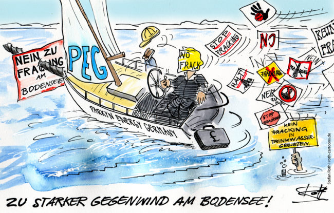 Cartoon-Karikatur-Comic---Ein Boot eines Fracking Unternehmens bekommt Zettel von Anti Fracking Leuten ab und kann nicht mit ihrem Vorhaben beginnen.