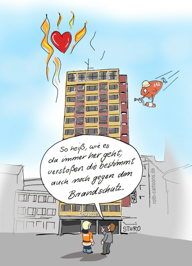Cartoon-Karikatur-Comic---Ein Mann sagt zu einem Feuerwehrmann vor einem, mit Herzen brennenden Gebäude,:"So heiß, wie es da immer hergeht, verstoßen die bestimmt auch noch gegen den Brandschutz."