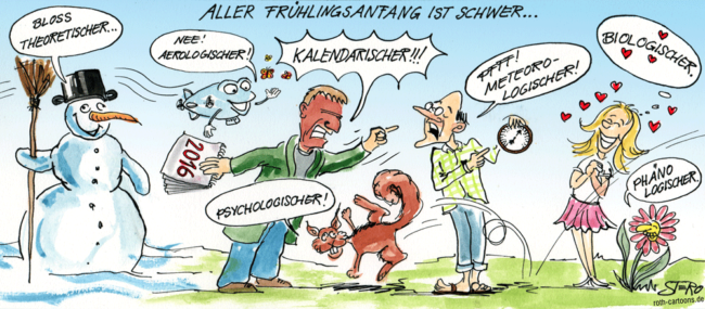 Cartoon-Karikatur-Comic---Eine Personen streiten sich um den korrekten Frühlingsanfang. Ist er nun kalendarisch, aerologisch, psychologisch oder doch biologisch?