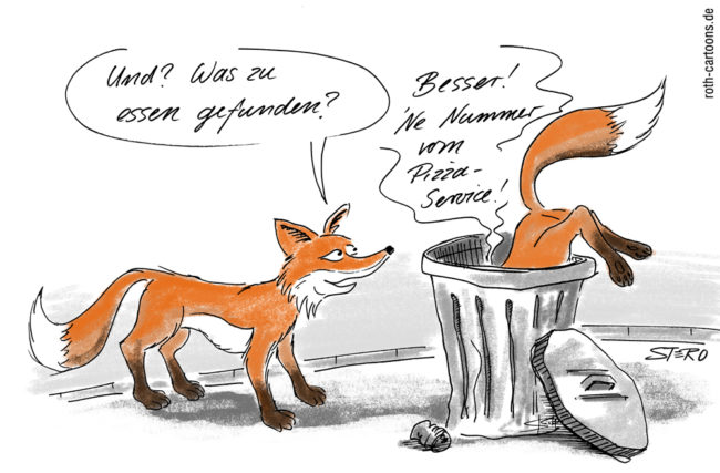 Cartoon-Karikatur-Comic---Ein Fuchs fragt seinen Freund in einer Mülltonne:" Und? Was zu essen gefunden?" Er erwiedert:" Besser! Ne Nummer vom Pizza-Service!"