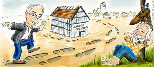 Cartoon-Karikatur-Comic---Ein Mann folgt genau den Fußspuren seines Vorgängers zum Rathaus, während dieser gemütlich auf einer Wiese sitzt.