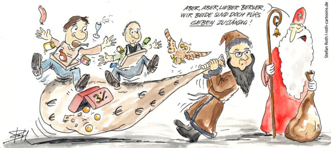 Cartoon-Karikatur-Comic---Der Nikolaus ermahnt einen Pfarrer als Knecht Rubrecht das sie da seien um zu geben, während dieser einen Sack voller Geld hinter sich herzieht.