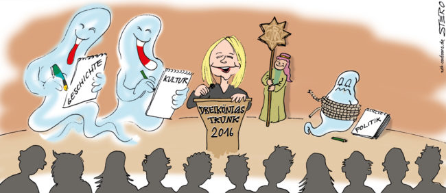 Cartoon-Karikatur-Comic---Zwei Geister schreiben die Rede für OB Becker 2016 im Dreikönigstrunk.