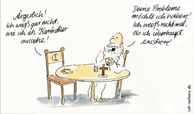 Cartoon-Karikatur-Comic---Ein leerer Stuhl sagt:" Ärgerlich! Ich weiß gar nicht, wie ich als Karikatur aussehe!" Daneben sitzt Gott und sagt:" Deine Probleme will ich haben! Ich weiß nicht mal ob ich überhaupt existiere."