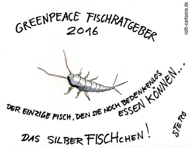 Cartoon-Karikatur-Comic---Auf dem Greenpeace Fischratgeber wird nur noch das SilberFISCHchen empfohlen.