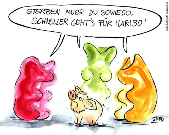Cartoon-Karikatur-Comic---Bunte Gummibärchen versammeln sich um ein kleines Schwein und sagen im Choir:" Sterben musst du sowieso, schneller gehts für Haribo"