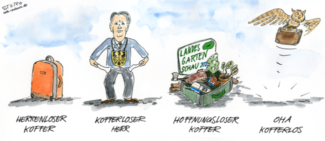 Cartoon-Karikatur-Comic--- Ein Herrenloser Koffer neben einem Kofferlosen Herren neben einem hoffnungslosen Koffer (LGS) neben einem kofferlosen Boden.