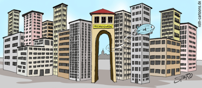 Cartoon-Karikatur-Comic---Man sieht die Stadt Friedrichshafen nur noch aus riesigen Hochhäusern und Wolkenkratzern.