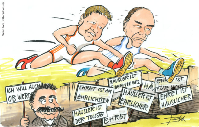 Cartoon-Karikatur-Comic---Hürdenlauf zum Wahltag: Der Graben, den die Kandidaten am Wahltag überspringen müssen, wird immer breiter und ist mit ihren aussagen gefüllt.