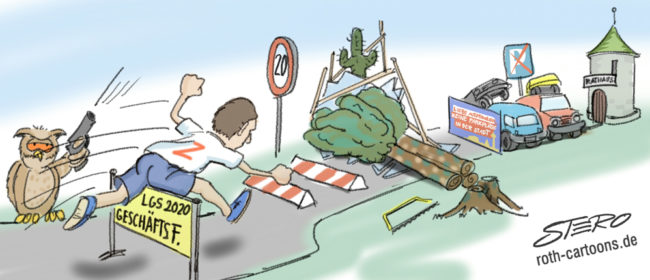 Cartoon-Karikatur-Comic---Jan Zeitler läuft sein Rennen los und hat verschiedene Hindernisse vor sich. Zum Beispiel einige umgefallene Bäume, schlecht geparkte Autos oder ein 20er Tempolimit. an seiner Ziellinie steht das Rathaus.