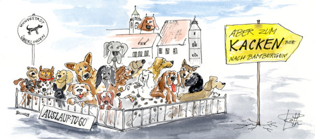 Cartoon-Karikatur-Comic---Hunde sind zu Haufen in einem Zaun in Überlingen doch ein Schild sagt sie sollen zum kacken nach Bambergen gehen.