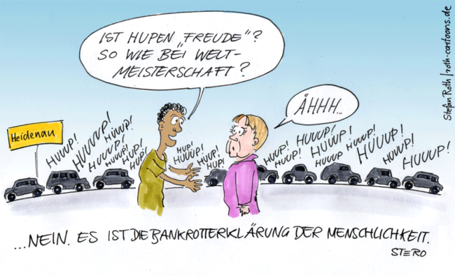 Cartoon-Karikatur-Comic---Ein Flüchtling frägt Merkel ob das Hupen der Autos Freude bedeutet wie bei der Weltmeisterschaft. Doch es ist nur die Bankrotterklärung der Menschlichkeit.