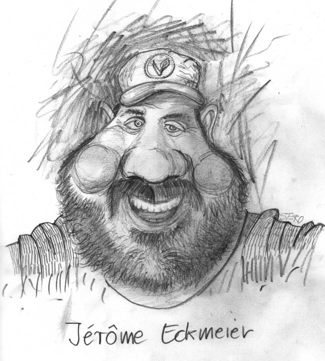 Cartoon-Karikatur-Comic---Eine Portraitkarikatur von Jerome Eckmeier mit einer Vegan-Mütze auf.